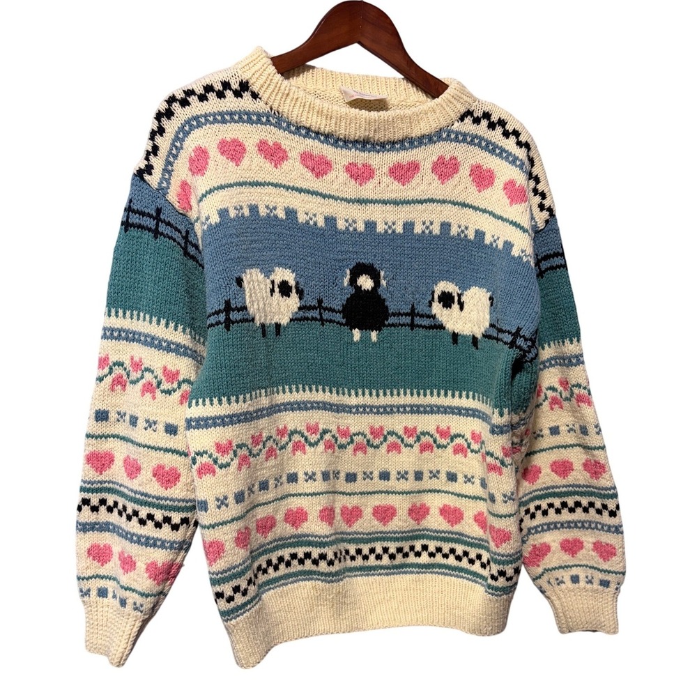 Vintage Pat Hungerford Hand Knit Sheep Heart Novelty Sweater Cream Blue Pink